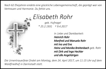 Traueranzeige von Elisabeth Rohr von Trauerportal Echo Online