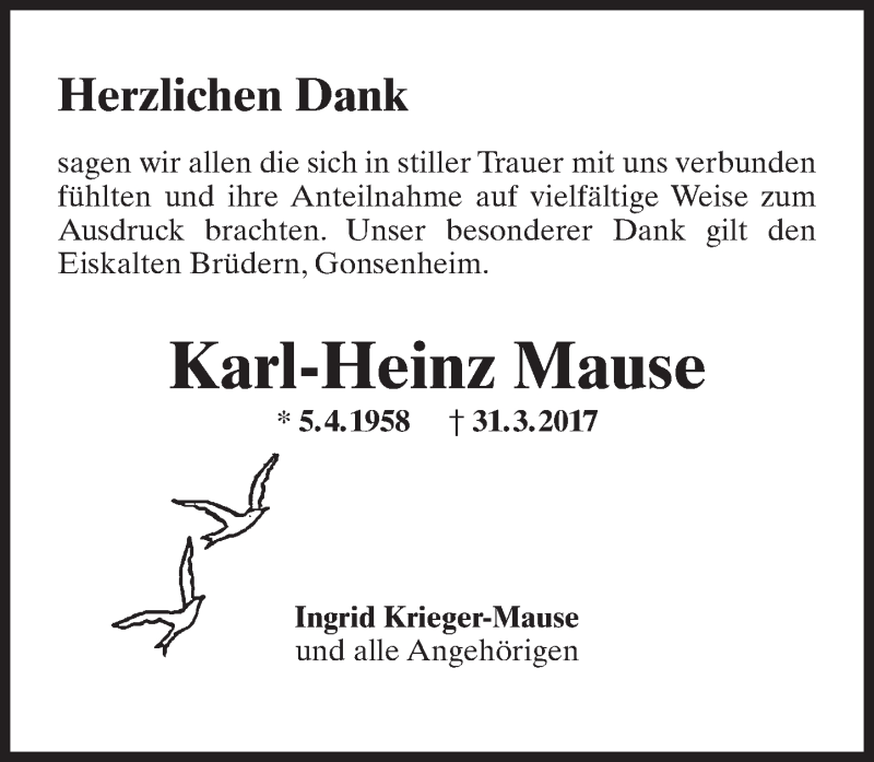  Traueranzeige für Karl-Heinz Mause vom 29.04.2017 aus Trauerportal Rhein Main Presse