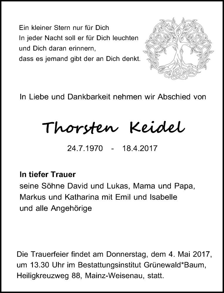 Traueranzeige für Thorsten Keidel vom 29.04.2017 aus Trauerportal Rhein Main Presse