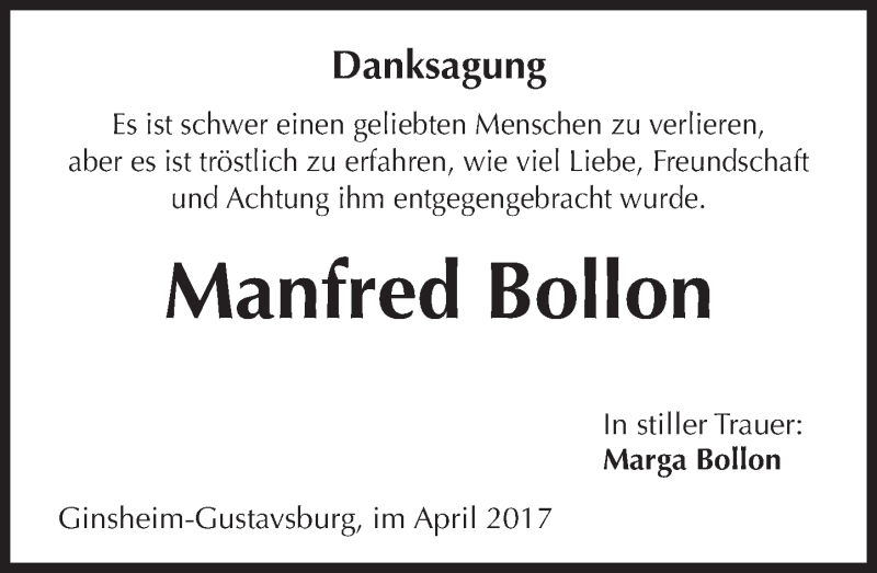  Traueranzeige für Manfred Bollon vom 01.04.2017 aus Trauerportal Rhein Main Presse