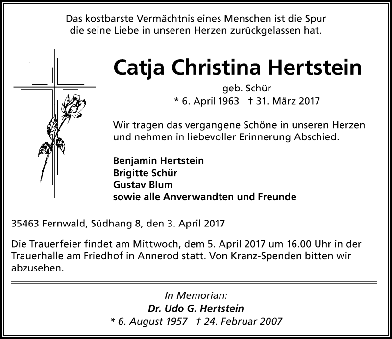  Traueranzeige für Catja Christina Hertstein vom 03.04.2017 aus  Gießener Anzeiger