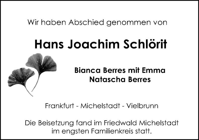  Traueranzeige für Hans Joachim Schlörit vom 15.04.2017 aus Trauerportal Echo Online