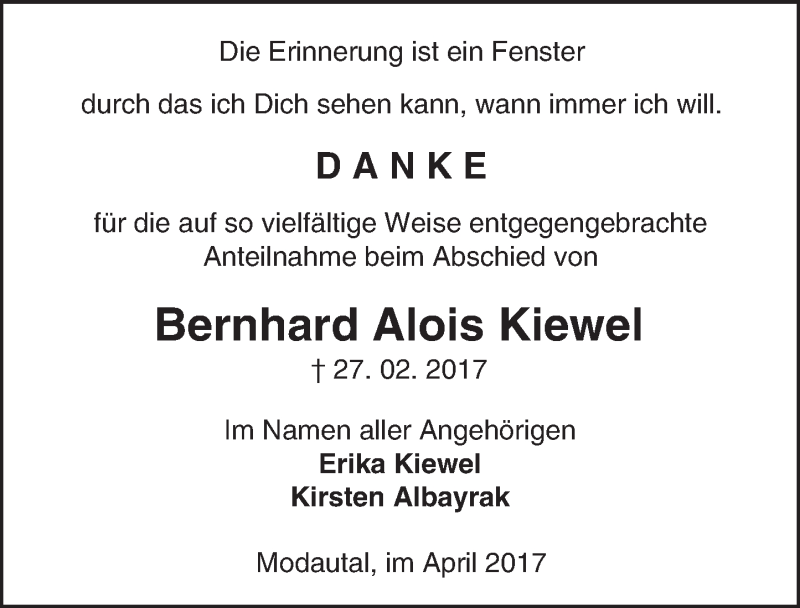  Traueranzeige für Bernhard Alois Kiewel vom 08.04.2017 aus Trauerportal Echo Online