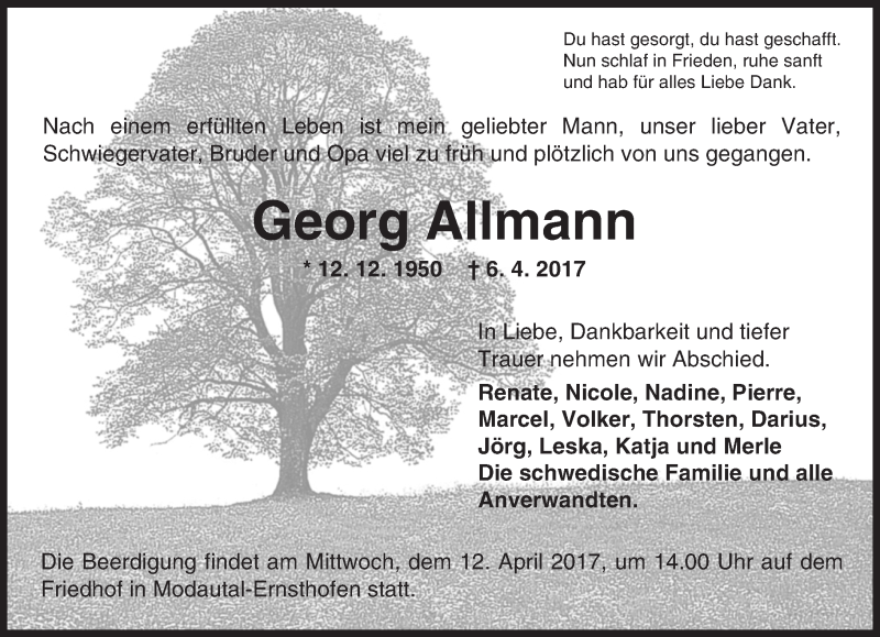  Traueranzeige für Georg Allmann vom 08.04.2017 aus Trauerportal Echo Online