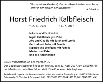 Traueranzeige von Horst Friedrich Kalbfleisch von Trauerportal Echo Online