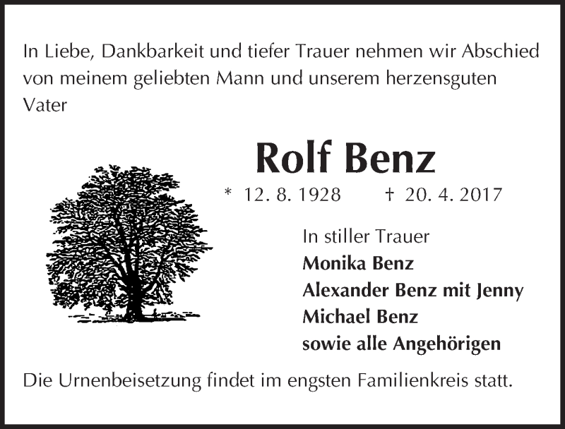  Traueranzeige für Rolf Benz vom 22.04.2017 aus Trauerportal Echo Online