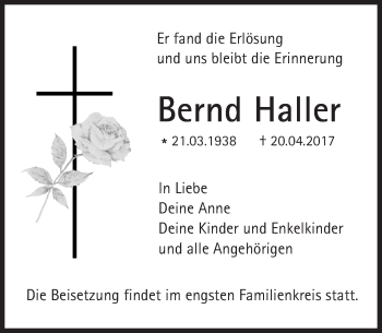 Traueranzeige von Bernd Haller von Trauerportal Echo Online