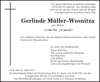Traueranzeige von Gerlinde Müller-Wosnitza von  Gießener Anzeiger