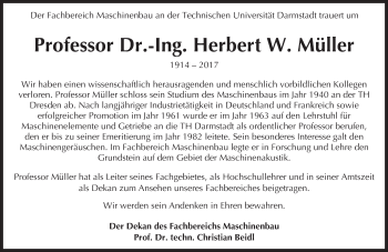 Traueranzeige von Herbert W. Müller von Trauerportal Echo Online