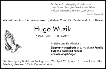 Traueranzeige von Hugo Wuzik von Trauerportal Echo Online