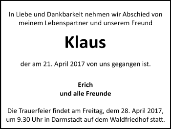Traueranzeige von Klaus  von Trauerportal Echo Online