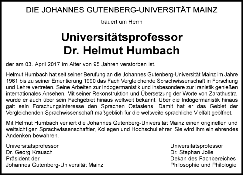  Traueranzeige für Helmut Humbach vom 08.04.2017 aus Trauerportal Rhein Main Presse
