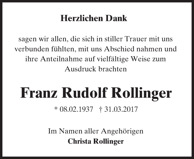  Traueranzeige für Franz Rudolf Rollinger vom 15.04.2017 aus Trauerportal Rhein Main Presse