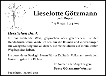Traueranzeige von Lieselotte Götzmann von Trauerportal Rhein Main Presse