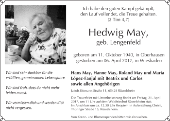 Traueranzeige von Hedwig May von Trauerportal Rhein Main Presse