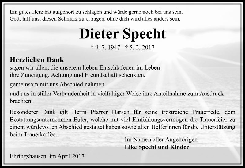 Traueranzeige für Dieter Specht vom 08.04.2017 aus VRM Trauer