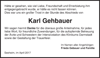 Traueranzeige von Karl Gehbauer von Trauerportal Echo Online