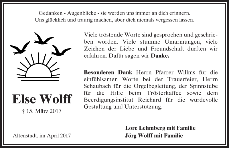  Traueranzeige für Else Wolff vom 15.04.2017 aus  Kreisanzeiger