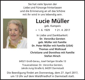 Traueranzeige von Lucie Müller von Trauerportal Echo Online