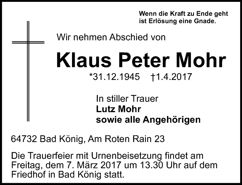  Traueranzeige für Klaus Peter Mohr vom 05.04.2017 aus Trauerportal Echo Online