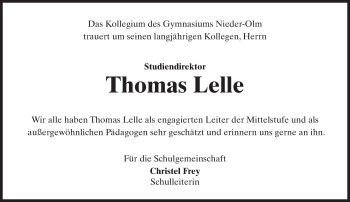 Traueranzeige von Thomas Lelle von Trauerportal Rhein Main Presse