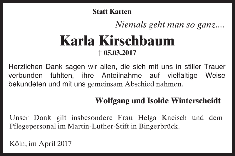  Traueranzeige für Karla Kirschbaum vom 15.04.2017 aus Trauerportal Rhein Main Presse