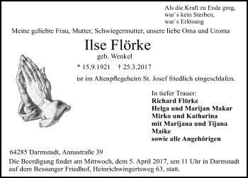Traueranzeige von Ilse Flörke von Trauerportal Echo Online