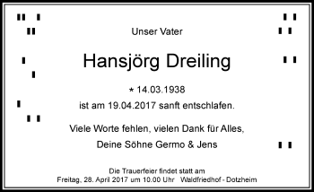 Traueranzeige von Hans Jörg Dreiling von Trauerportal Rhein Main Presse