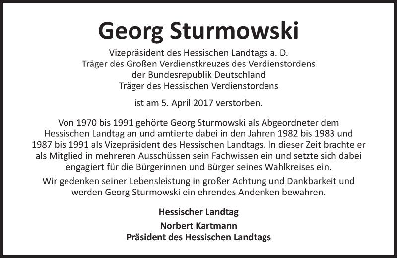  Traueranzeige für Georg Sturmowski vom 13.04.2017 aus Trauerportal Echo Online