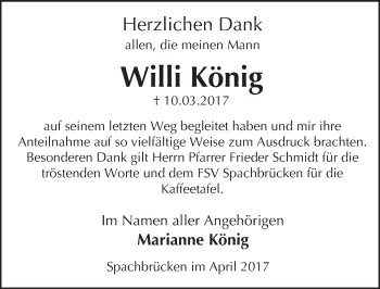 Traueranzeige von Willi König von Trauerportal Echo Online