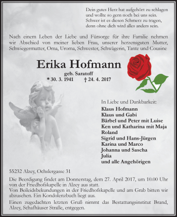 Traueranzeige von Erika Hofmann von Trauerportal Rhein Main Presse
