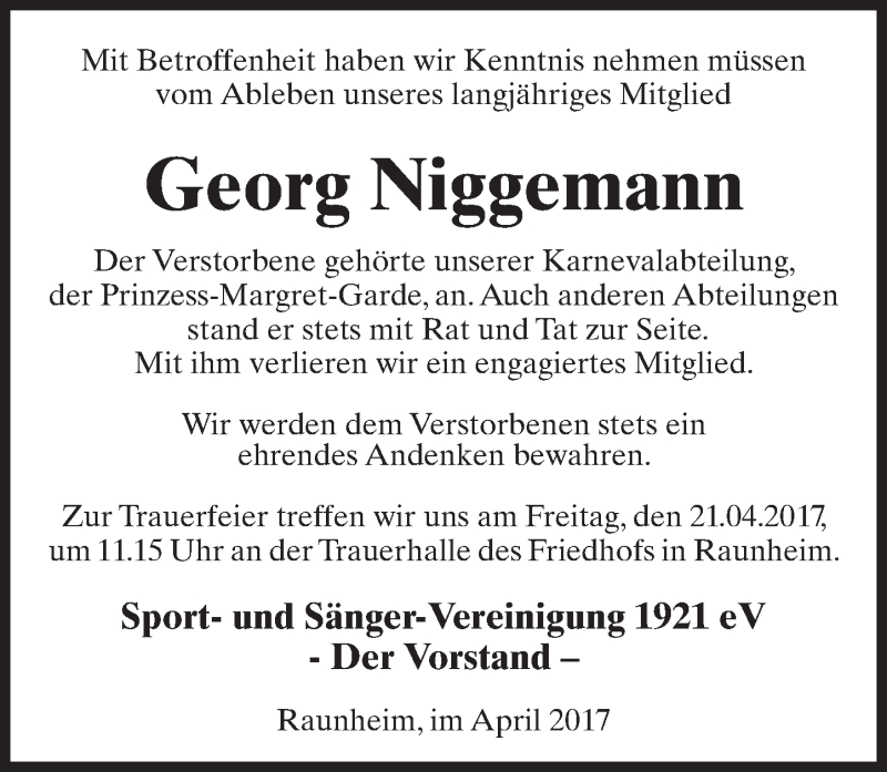  Traueranzeige für Georg Niggemann vom 19.04.2017 aus Trauerportal Rhein Main Presse
