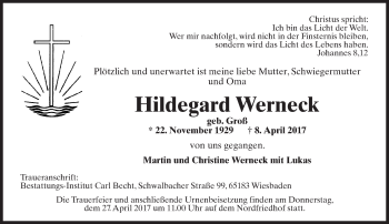 Traueranzeige von Hildegard Werneck von Trauerportal Rhein Main Presse