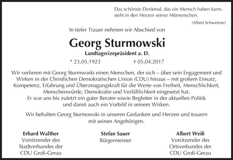  Traueranzeige für Georg Sturmowski vom 12.04.2017 aus Trauerportal Echo Online