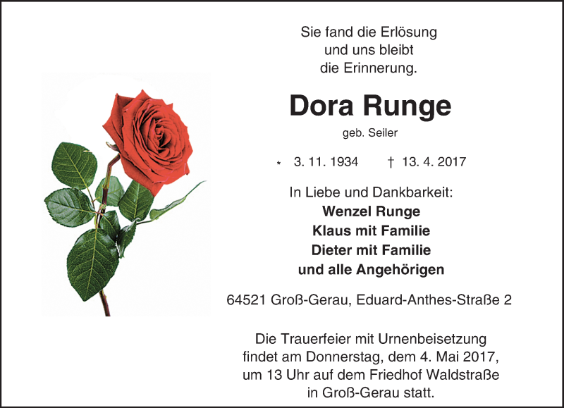  Traueranzeige für Dora Runge vom 29.04.2017 aus Trauerportal Echo Online