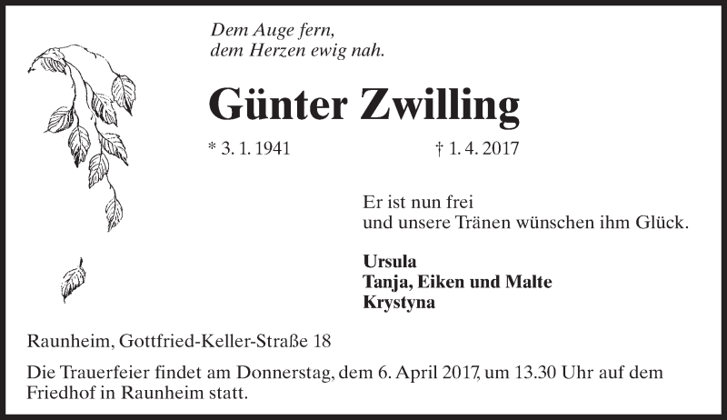  Traueranzeige für Günter Zwilling vom 04.04.2017 aus Trauerportal Rhein Main Presse