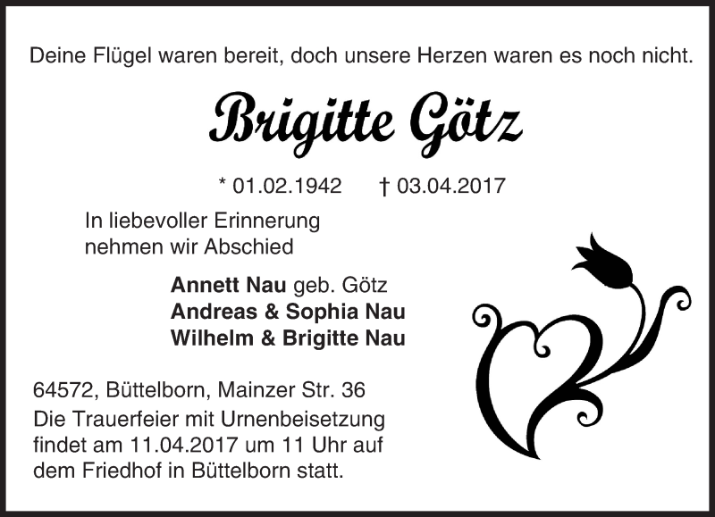  Traueranzeige für Brigitte Götz vom 08.04.2017 aus Trauerportal Echo Online