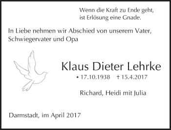 Traueranzeige von Klaus Dieter Lehrke von Trauerportal Echo Online
