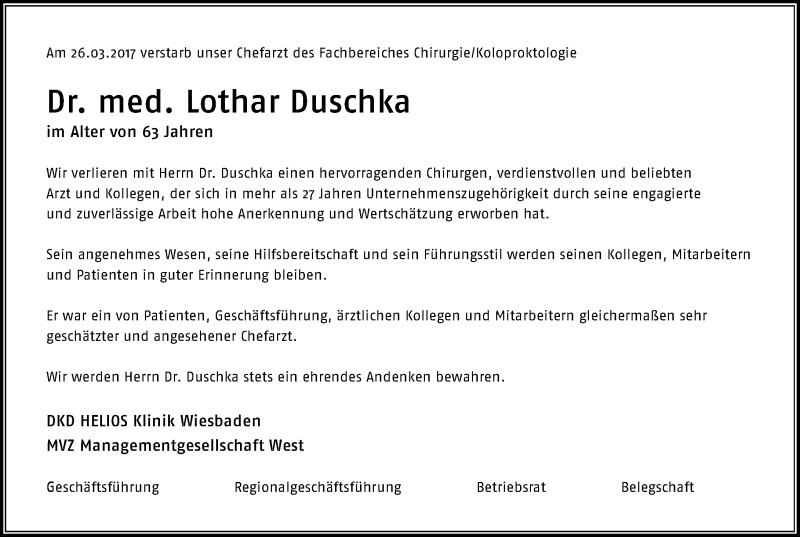  Traueranzeige für Lothar Duschka vom 01.04.2017 aus Trauerportal Rhein Main Presse