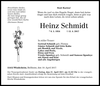 Traueranzeige von Heinz Schmidt von Trauerportal Rhein Main Presse