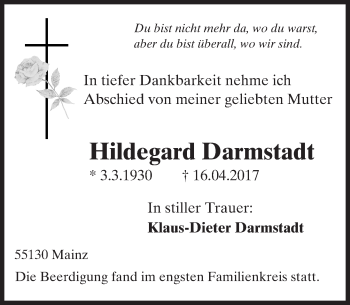 Traueranzeige von Hildegard Darmstadt von Trauerportal Rhein Main Presse