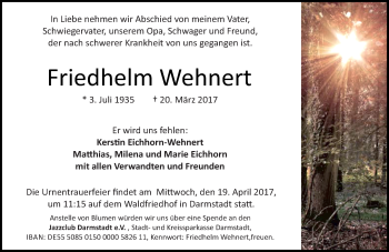 Traueranzeige von Friedhelm Wehnert von Trauerportal Echo Online