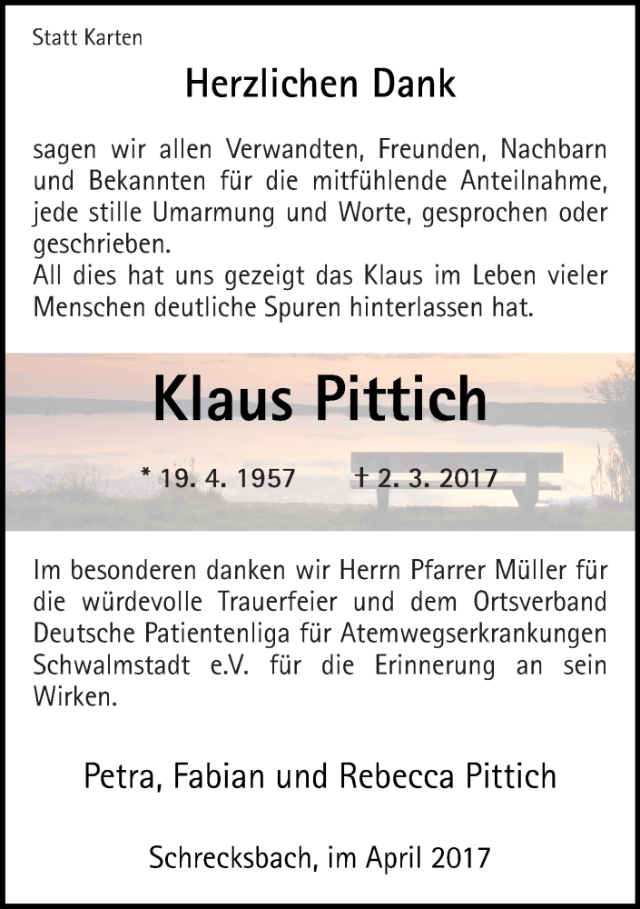  Traueranzeige für Klaus Pittich vom 08.04.2017 aus VRM Trauer