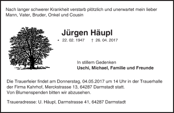 Traueranzeige von Jürgen Häupl von Trauerportal Echo Online