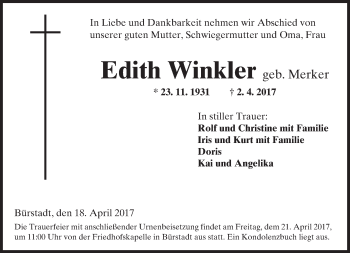 Traueranzeige von Edith Winkler von Trauerportal Rhein Main Presse