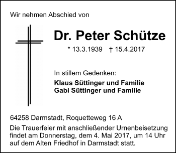 Traueranzeige von Peter Schütze von Trauerportal Echo Online