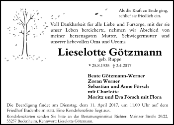 Traueranzeige von Lieselotte Götzmann von Trauerportal Rhein Main Presse