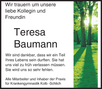 Traueranzeige von Teresa Baumann von Trauerportal Rhein Main Presse