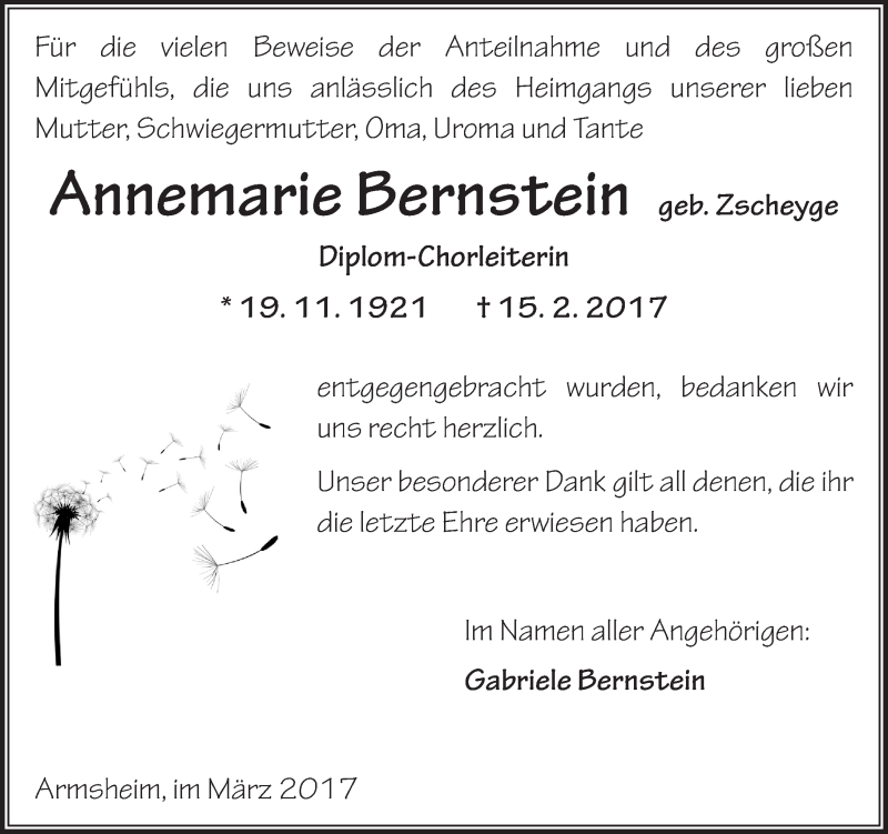  Traueranzeige für Annemarie Bernstein vom 01.04.2017 aus Trauerportal Rhein Main Presse