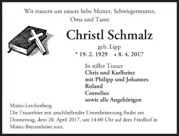 Traueranzeige von Christi Schmalz von Trauerportal Rhein Main Presse